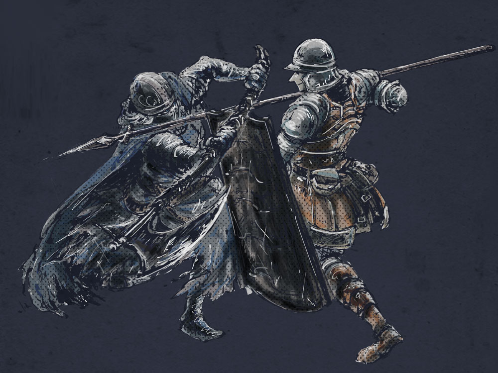 2boys, abco, armor, armored_boots, axe, blue_cape, blue_eyes, boots