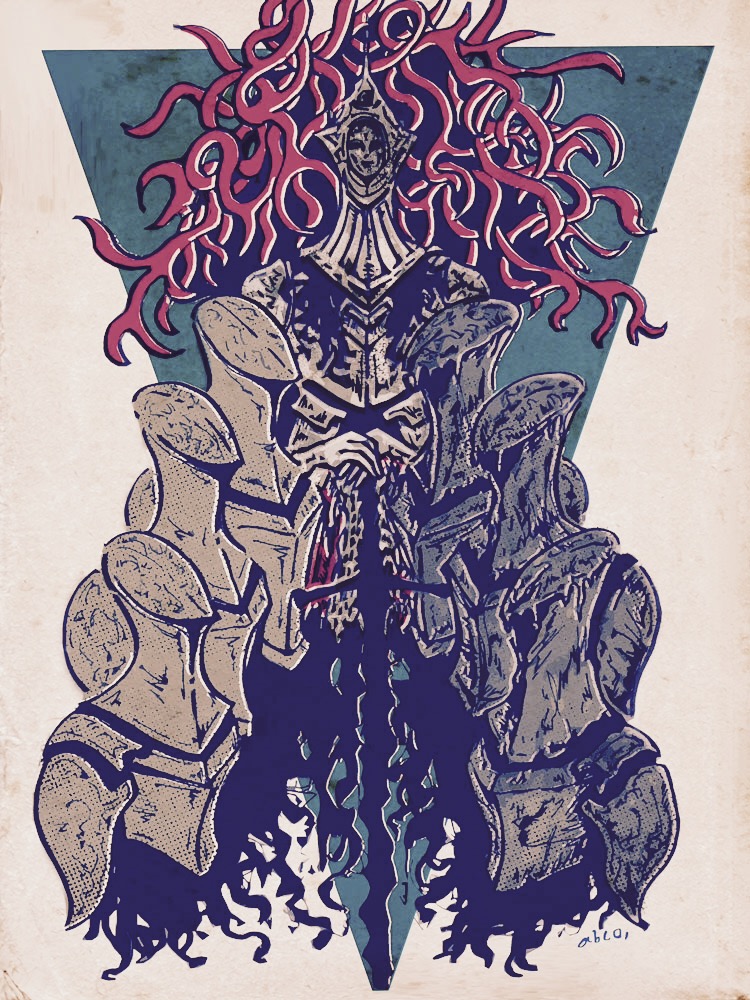 6+boys, abco, armor, burnt, burnt_ivory_king, commentary_request, dark_souls_(series), dark_souls_ii, full_armor, holding, holding_sword, holding_weapon, knight, loyce_knight, multiple_boys, signature, sword, tentacles, upper_body, weapon, white_background