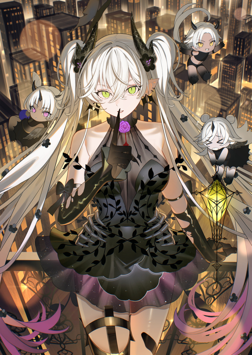 4girls, absurdres, against_railing, arm_support, bare_shoulders, black_dress, black_flower, black_hands