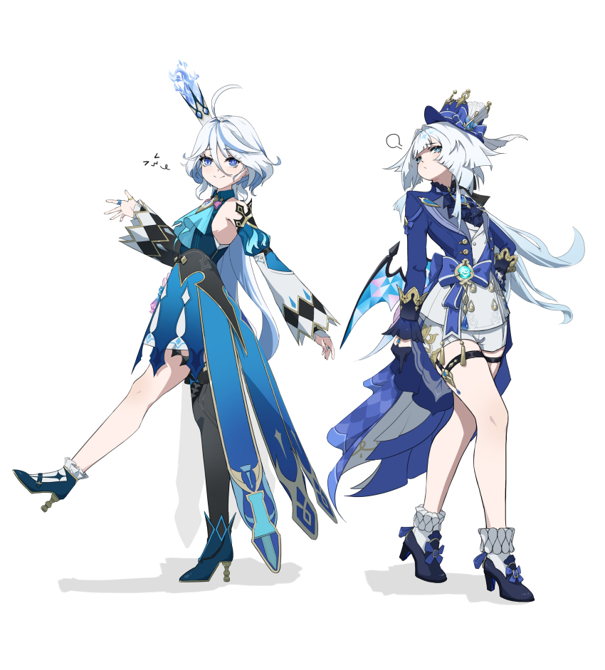 2girls, absurdres, ahoge, bare_legs, black_shoes, blue_dress, blue_eyes, blue_hat, blue_jacket, cerydra_(honkai:_star_rail), cerydra_(honkai:_star_rail)_(cosplay), cosplay, crown, detached_sleeves, dress, furina_(genshin_impact), furina_(genshin_impact)_(cosplay), genshin_impact, hat, high_heels, highres, honkai:_star_rail, honkai_(series), jacket, juliet_sleeves, long_hair, long_sleeves, looking_at_viewer, mihoyo, mini_crown, multiple_girls, puff_of_air, puffy_sleeves, shirt, shoes, short_shorts, shorts, simple_background, sleeveless, sleeveless_dress, smile, socks, tang_qqss, thigh_strap, top_hat, very_long_hair, white_background, white_hair, white_shirt, white_shorts, white_socks
