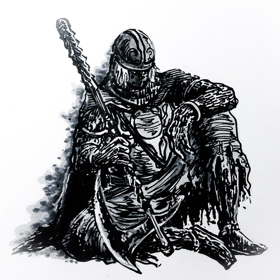 1boy, abco, axe, boots, cape, commentary_request, creighton_of_mirrah, dark_souls_(series)