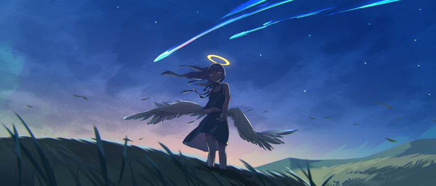 1girl, absurdres, angel, angel_wings, armpit_crease, backlighting, bare_arms, bare_shoulders