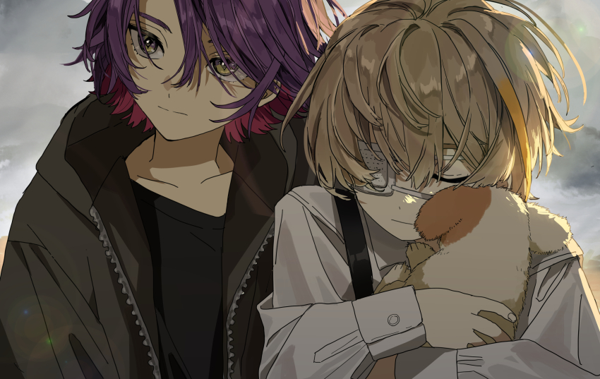 2boys, aged_down, animal, black_hoodie, black_shirt, blonde_hair, closed_eyes, cloud