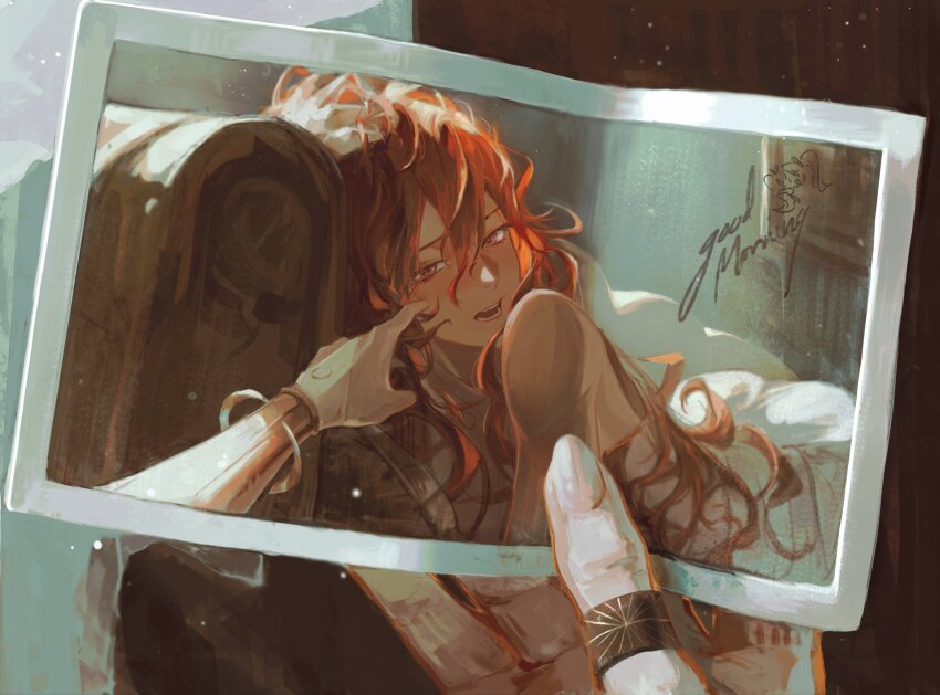 1girl, augusta_(wuthering_waves), bed, bridal_gauntlets, cheek_poking, commentary, english_commentary, guii1210, hair_between_eyes, highres, holding, holding_photo, iuno_(wuthering_waves), jewelry, looking_at_viewer, open_mouth, orange_eyes, orange_hair, photo_(object), poking, pov, pov_hands, ring, solo, under_covers, waking_up, white_bridal_gauntlets, wuthering_waves