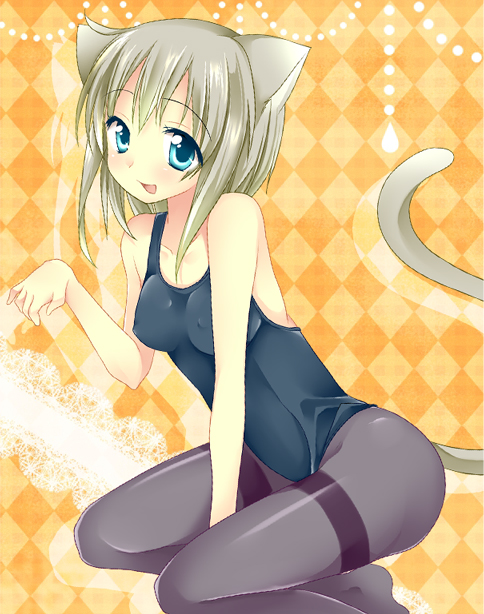 1girl, animal_ears, blue_eyes, cat_ears, cat_tail, female_focus, one-piece_swimsuit, original, pantyhose, pantyhose_under_swimsuit, paw_pose, school_swimsuit, shiratama, shiratama_yomogi, short_hair, silver_hair, solo, swimsuit, tail, thighband_pantyhose