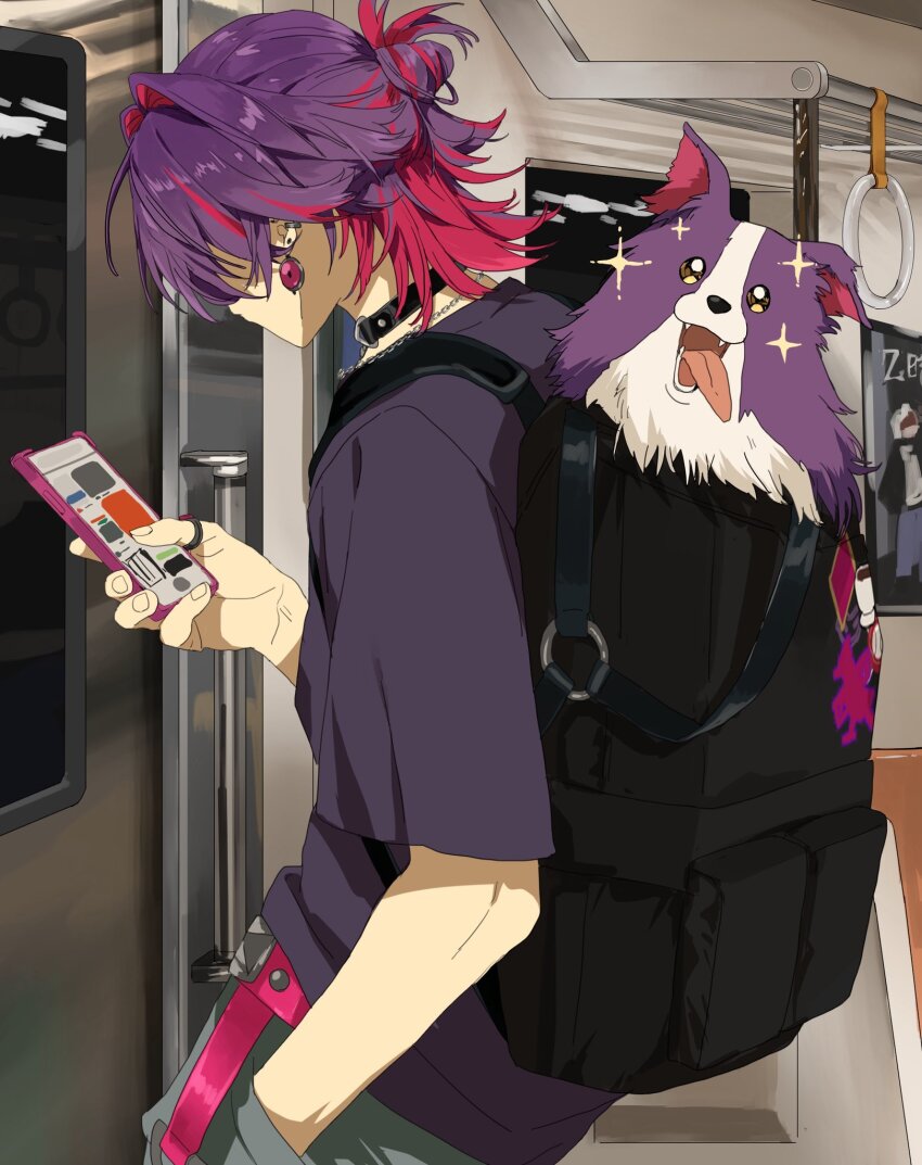 1boy, alternate_costume, backpack, bag, black_bag, black_choker, cellphone, choker