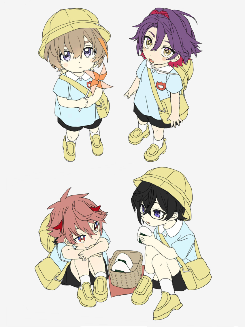 4boys, aged_down, basket, black_hair, blue_shirt, brown_hair, child, flat_color