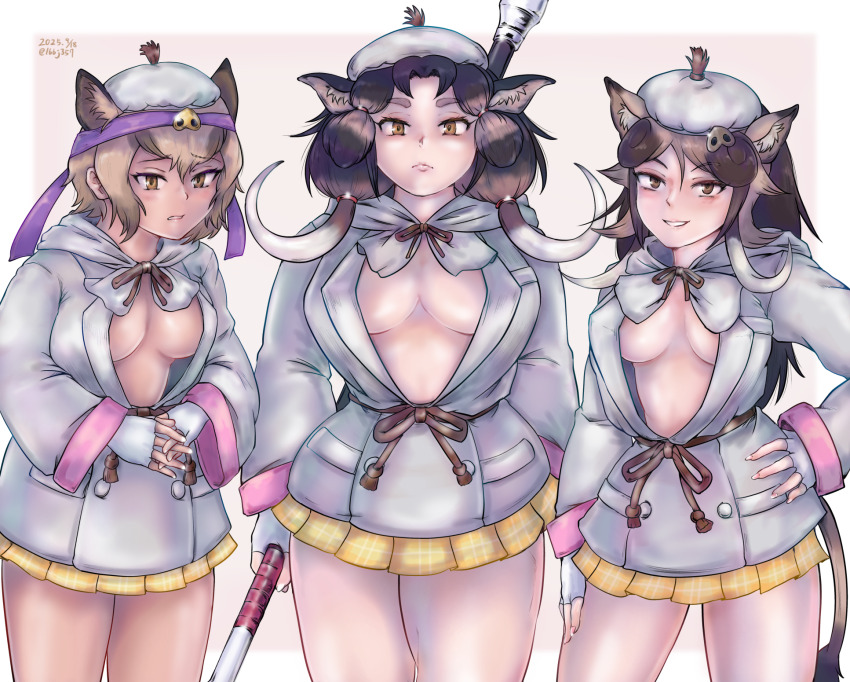 3girls, animal_ear_fluff, animal_ears, arm_at_side, arms_at_sides, breasts, breasts_apart, brown_eyes