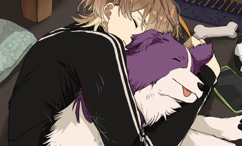 1boy, animalization, black_jacket, brown_hair, cuddling_animal, dog, fura_kanato, highres, indoors, jacket, lying, matsuhago, murasakinoko_(watarai_hibari), nijisanji, on_side, purple_fur, short_hair, sleeping, tongue, tongue_out, track_jacket, virtual_youtuber