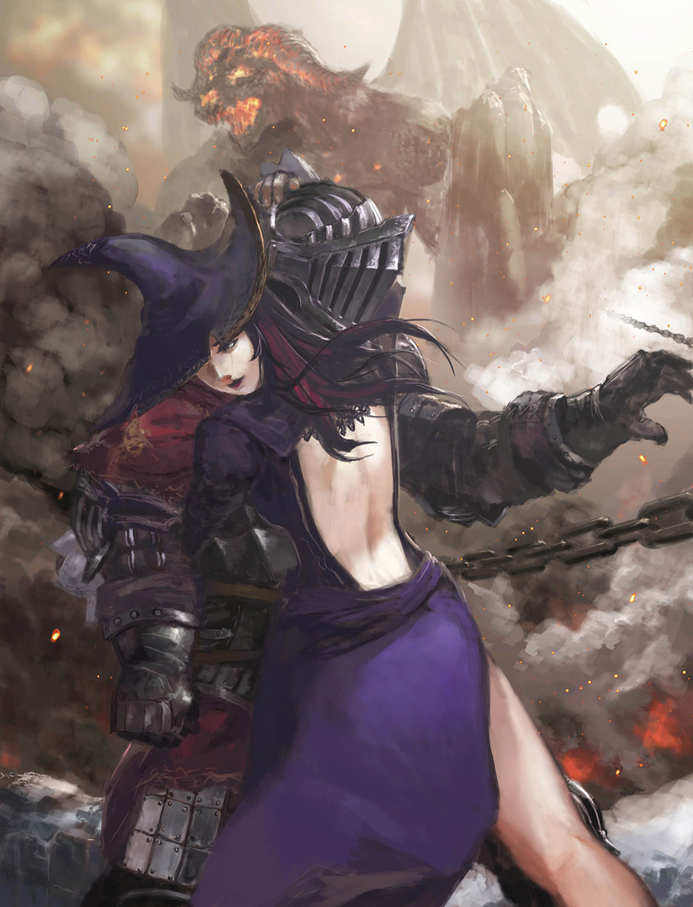 1boy, 1girl, alva_the_wayfarer, back, backless_dress, backless_outfit, black_eyes, chain, chuno_(akiaji81), commentary_request, cowboy_shot, dark_souls_(series), dark_souls_ii, demon, dress, gauntlets, hat, helm, helmet, highres, knight, long_hair, monster, old_iron_king, open_mouth, purple_dress, purple_hat, red_hair, witch_hat, zullie_the_witch