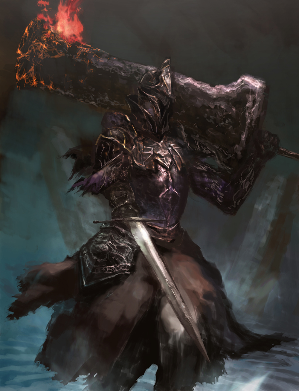 1boy, armor, asymmetrical_dual_wielding, black_armor, black_pants, blue_background, breastplate, chuno_(akiaji81)