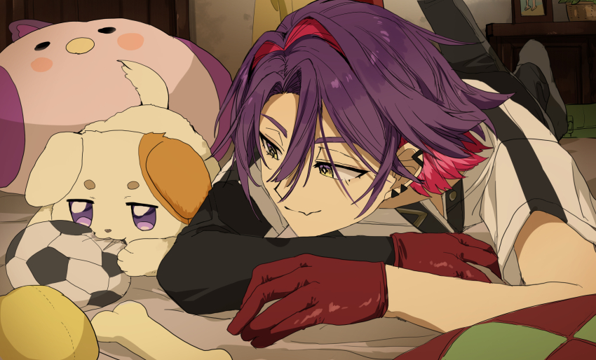 1boy, animalization, ball, closed_mouth, colored_inner_hair, dog, fang, gloves