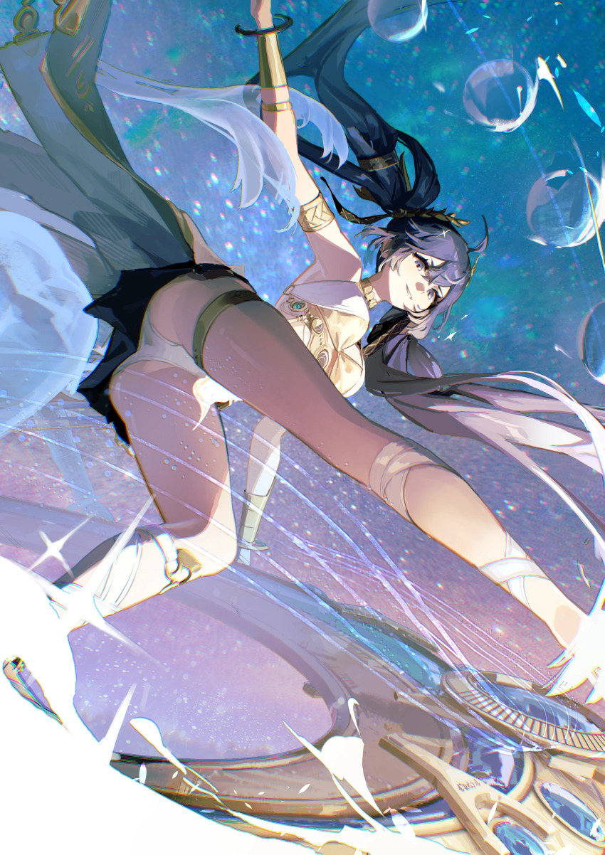 1girl, absurdres, ahoge, armlet, bare_shoulders, barefoot, black_skirt, blue_eyes