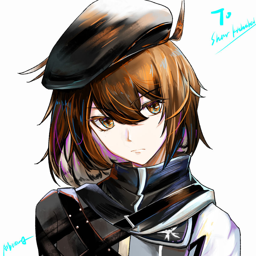 1girl, albtraum, arknights, beret, black_hat, brown_eyes, brown_hair, chinese_commentary