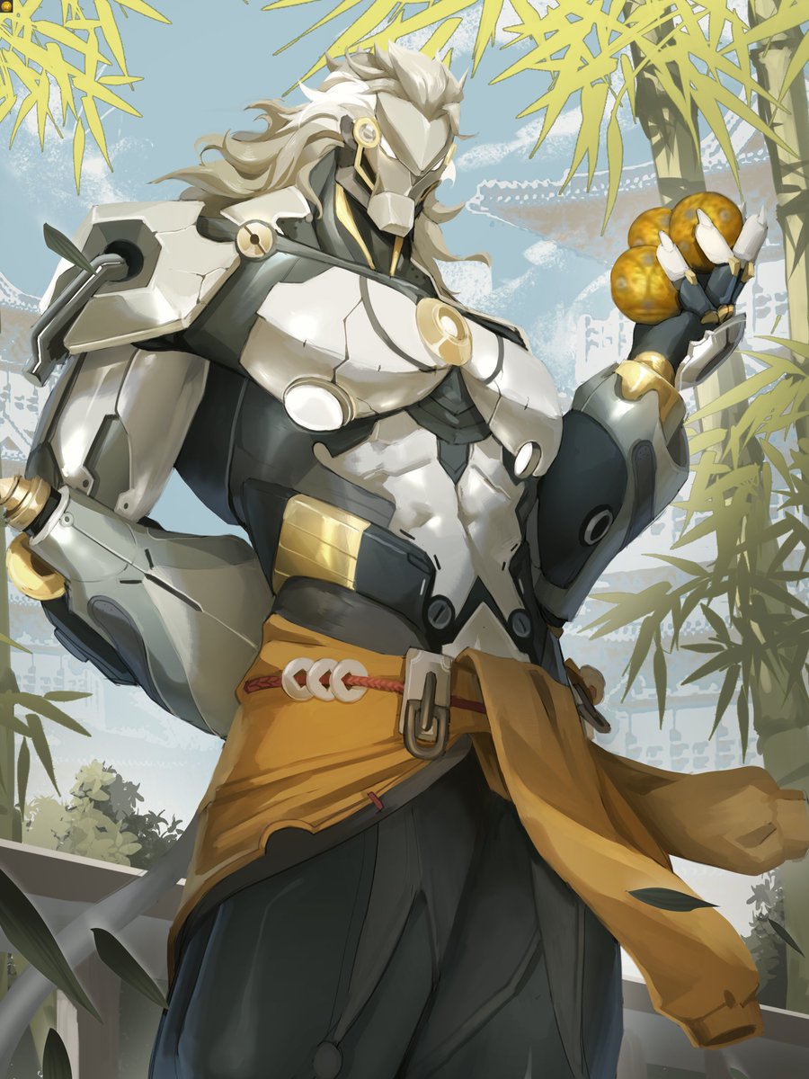 1boy, arm_behind_back, artificial_eye, bamboo, banyue_(zenless_zone_zero), biceps, black_pants, claws