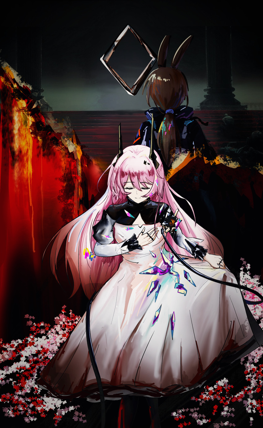 2girls, albtraum, amiya_(arknights), animal_ears, arknights, black_horns, brown_hair, chinese_commentary