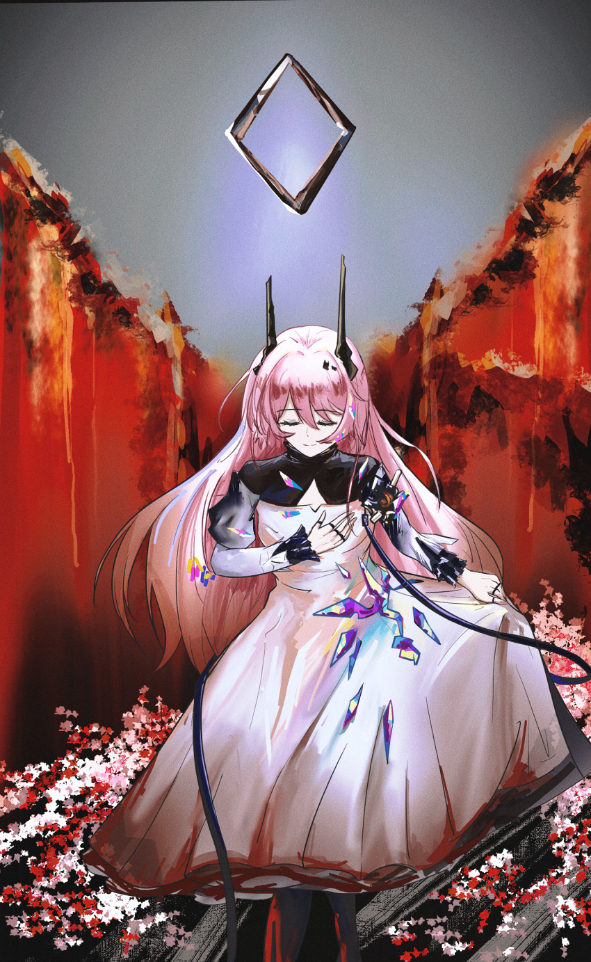 1girl, albtraum, arknights, black_horns, chinese_commentary, cleavage_cutout, closed_eyes, closed_mouth