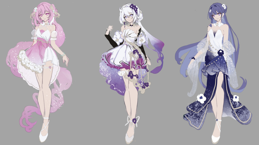 3girls, absurdres, alternate_costume, bare_shoulders, blue_dress, blue_eyes, breasts, chinese_commentary