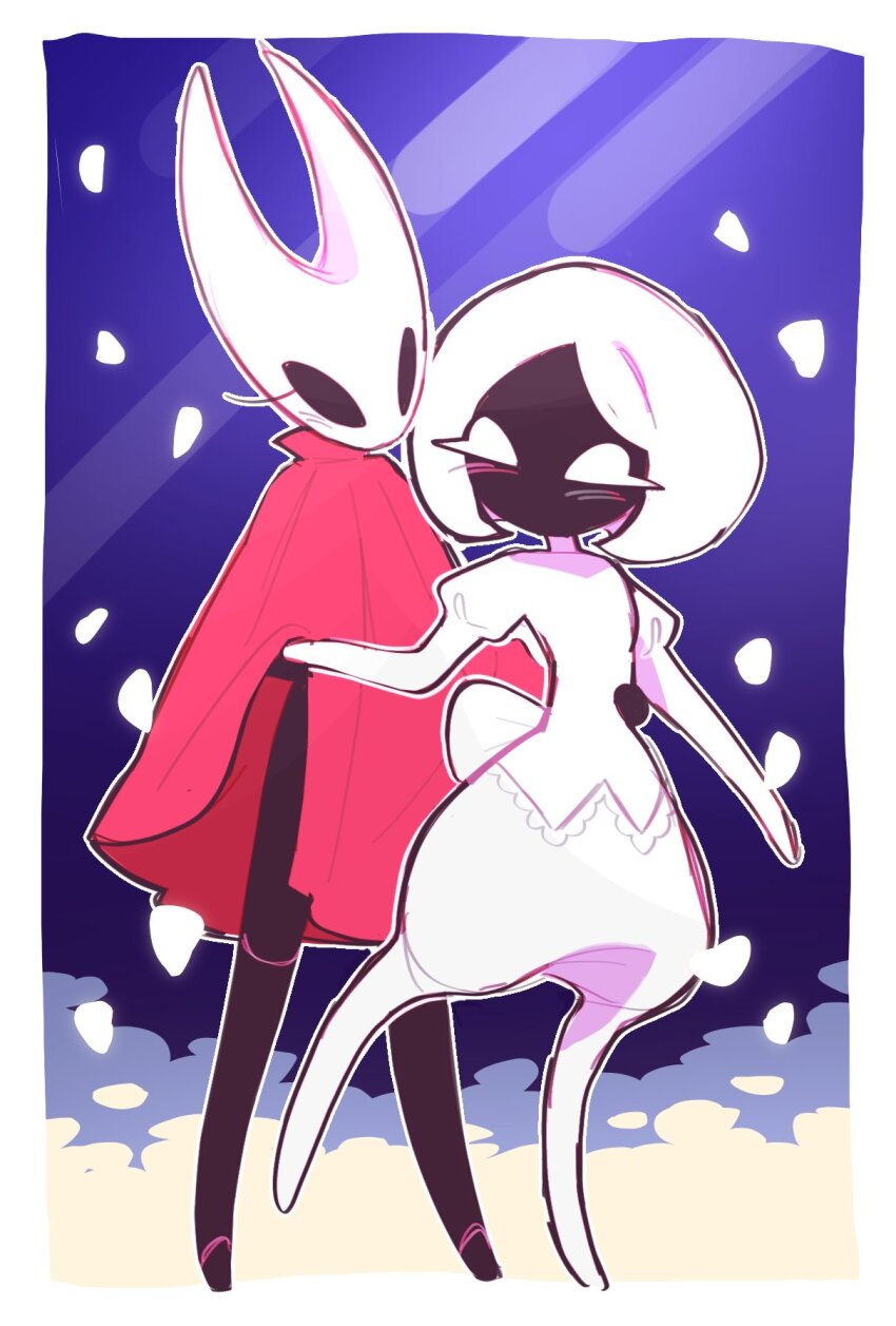 2girls, arthropod_girl, back_bow, black_eyes, black_skin, blank_eyes, blue_background, blush, bob_cut, border, bow, cloak, colored_skin, eye_contact, female_focus, flat_chest, full_body, furry, furry_female, furry_with_furry, hand_on_another's_waist, hand_up, highres, holding_hands, hollow_knight, hollow_knight:_silksong, hornet_(hollow_knight), lace_(hollow_knight), light_blush, looking_at_another, multiple_girls, no_feet, outline, petals, red_cloak, short_hair, skittyplush, standing, standing_on_one_leg, white_border, white_eyes, white_hair, white_outline, yuri