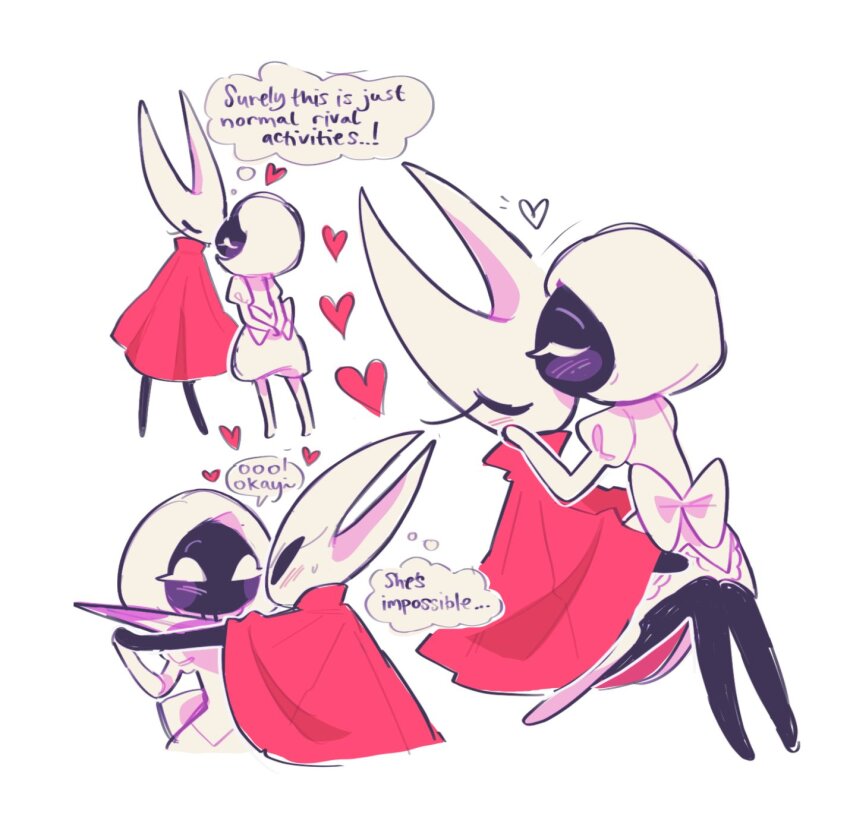 2girls, arms_behind_back, arthropod_girl, back_bow, black_eyes, black_skin, blank_eyes, blush, blush_stickers, bob_cut, bow, cloak, closed_eyes, colored_skin, english_text, female_focus, full_body, furry, furry_female, furry_with_furry, hand_on_another's_cheek, hand_on_another's_face, heart, highres, holding_hands, hollow_knight, hollow_knight:_silksong, hornet_(hollow_knight), kabedon, kiss, kissing_forehead, knees_together_feet_apart, knees_up, lace_(hollow_knight), leaning_forward, multiple_girls, multiple_views, no_feet, red_cloak, short_hair, simple_background, sitting, sitting_on_lap, sitting_on_person, skittyplush, speech_bubble, standing, talking, thought_bubble, u_u, white_background, white_bow, white_eyes, white_hair, yuri