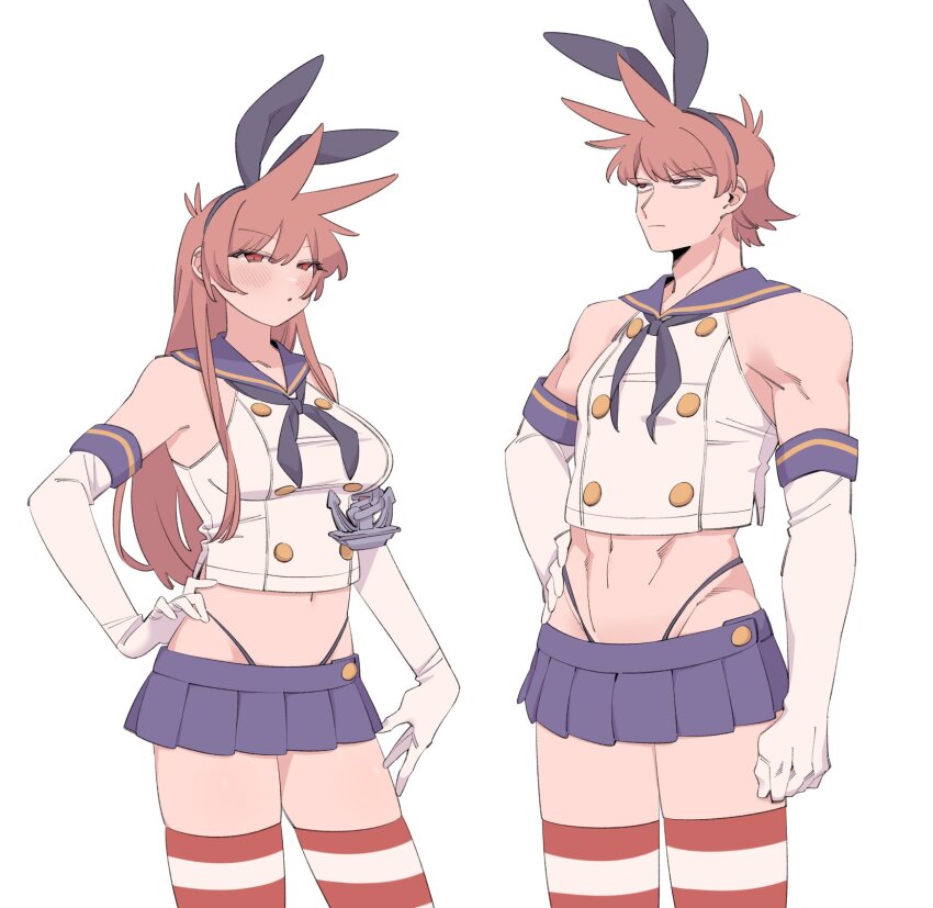 1boy, 1girl, :o, abs, animal_ear_hairband, animal_ears, animification, antenna_hair