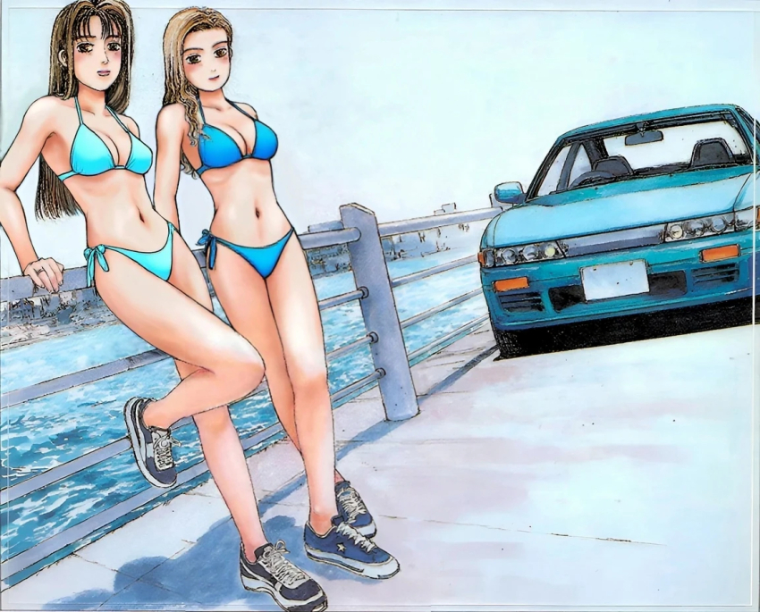 2girls, arm_support, bikini, blue_bikini, bra, breasts, brown_eyes, brown_hair