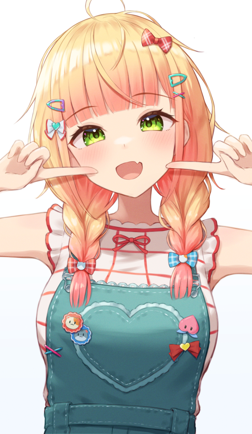 1girl, :d, absurdres, ahoge, blonde_hair, blue_overalls, blunt_bangs, blush