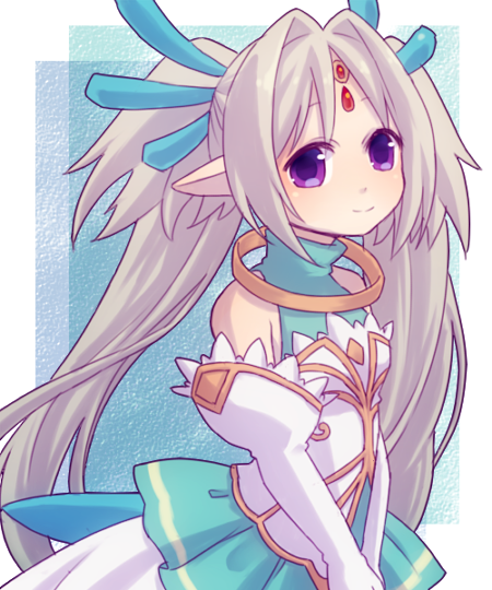 1girl, bare_shoulders, bodice, breasts, coral_hair_ornament, corset, elbow_gloves, emil_chronicle_online