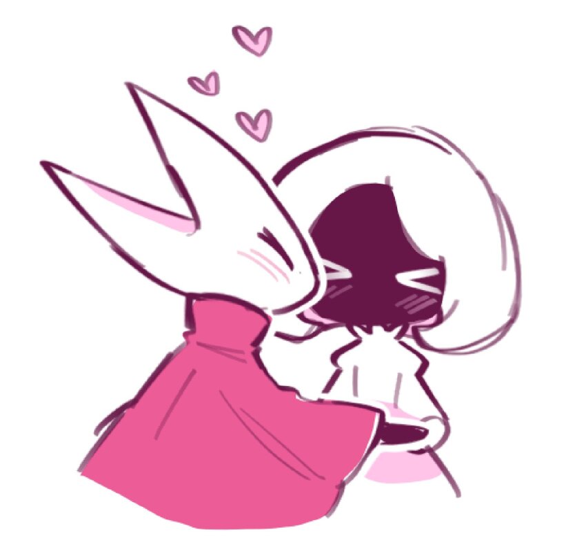 >_<, 2girls, aliasing, arthropod_girl, black_skin, blush, bob_cut, cloak, closed_eyes, colored_skin, cropped_torso, female_focus, furry, furry_female, furry_with_furry, heart, highres, holding_hands, hollow_knight, hollow_knight:_silksong, hornet_(hollow_knight), lace_(hollow_knight), multiple_girls, red_cloak, short_hair, sidelocks, simple_background, skittyplush, upper_body, white_background, white_hair, yuri