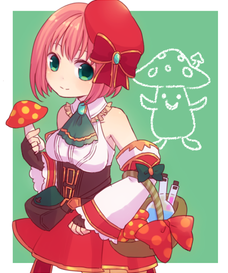 1girl, bare_shoulders, basket, brown_corset, corset, detached_sleeves, emil_chronicle_online, flask, green_background, green_eyes, hat, hat_ribbon, holding, holding_basket, holding_mushroom, matanga_alma, mushroom, pink_hair, red_hat, red_ribbon, red_skirt, ribbon, round-bottom_flask, shirt, skirt, sleeveless, sleeveless_shirt, solo, test_tube, waist_bag, white_shirt, white_sleeves, wide_sleeves, yellow_(artist)