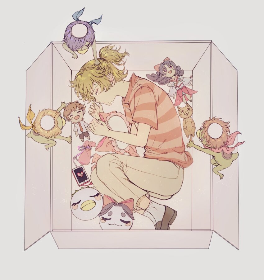 1boy, azuma_sara, bandana, box, brown_shoes, cardboard_box, character_doll, closed_eyes