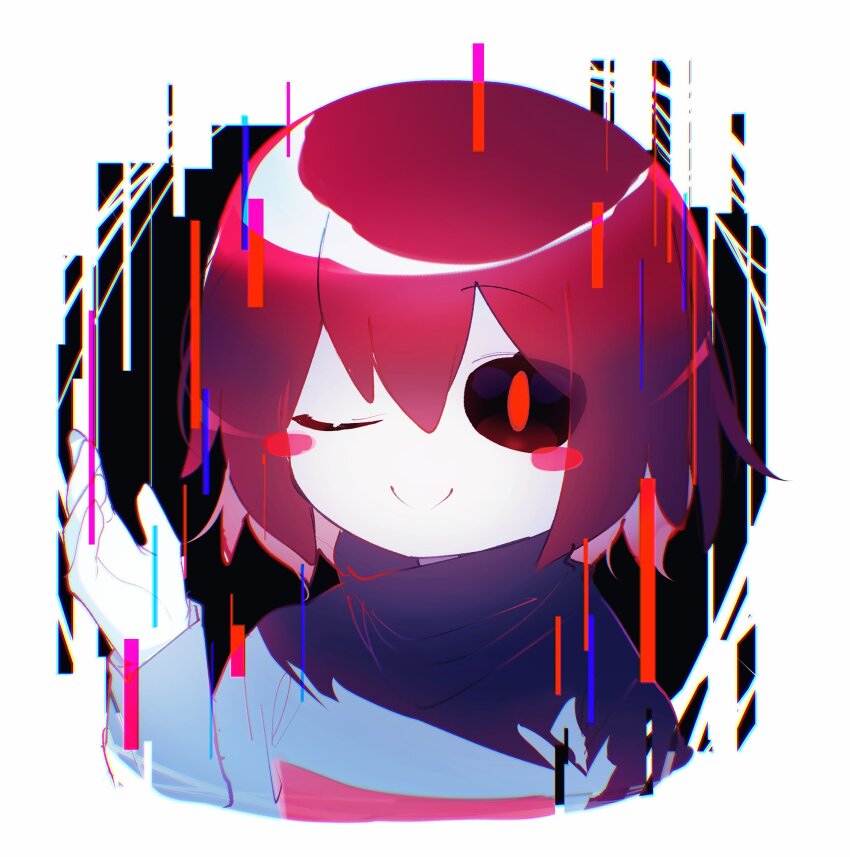 1other, ;), black_background, black_sclera, black_sweater, blush_stickers, bob_cut, border