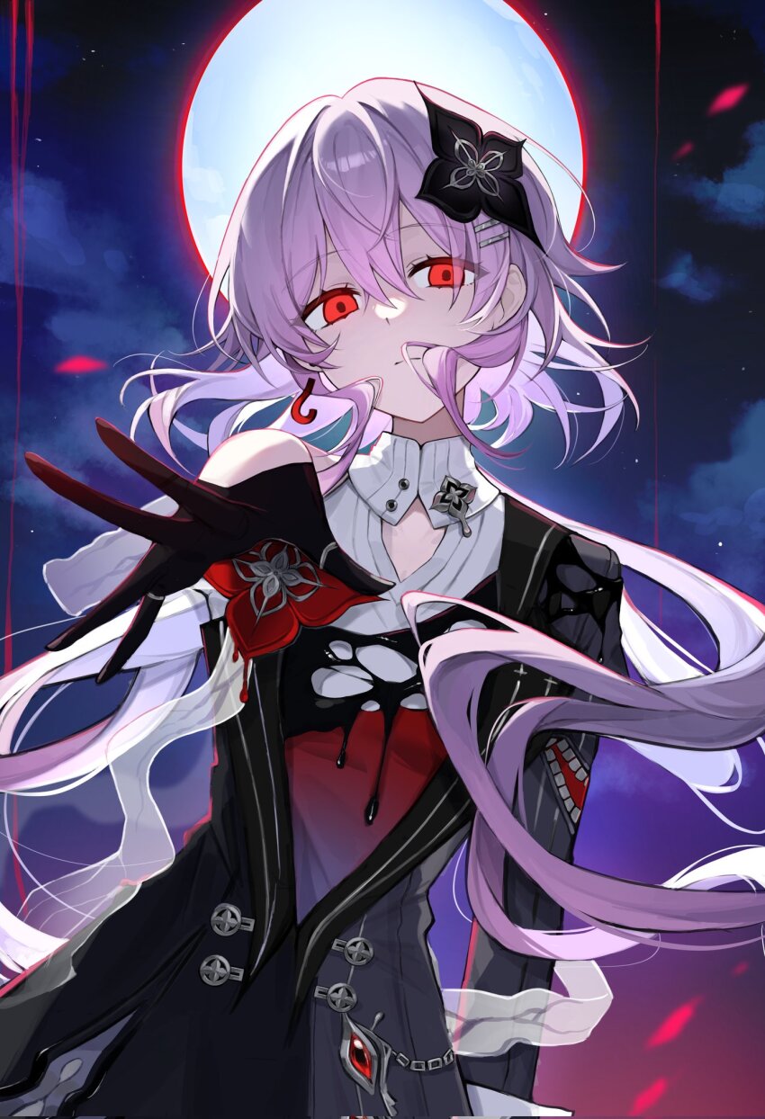 1girl, black_flower, black_gloves, collar, earrings, evernight_(honkai:_star_rail), flower, gem