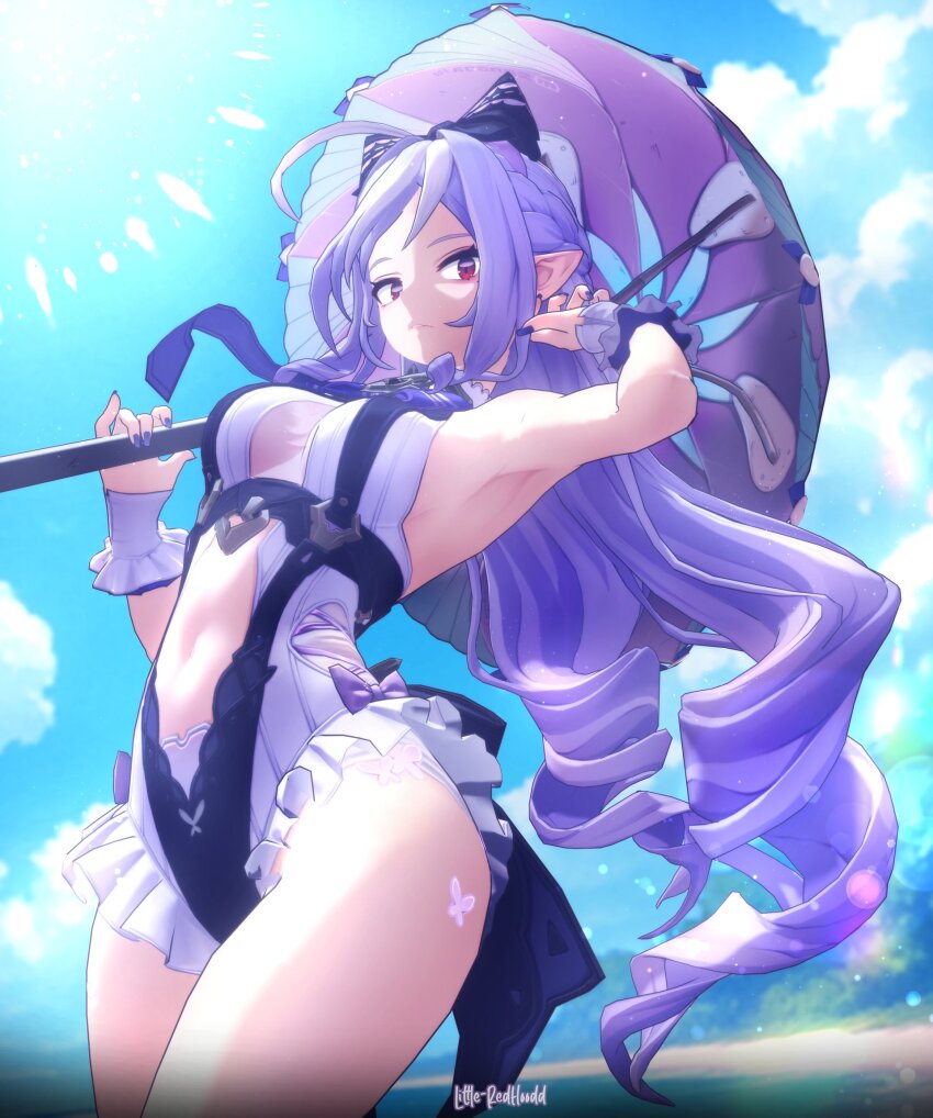 1girl, alternate_costume, arm_up, armpits, beach, blue_sky, breasts, closed_mouth, clothing_cutout, drill_hair, highres, holding, holding_umbrella, littleredhoodd, long_hair, looking_at_viewer, medium_breasts, mole, mole_under_eye, multicolored_hair, nail_polish, navel, navel_cutout, official_alternate_costume, one-piece_swimsuit, parasol, pointy_ears, purple_hair, purple_nails, red_eyes, shiny_skin, sky, solo, streaked_hair, swimsuit, thick_thighs, thighs, umbrella, vivian_banshee, vivian_banshee_(iris_of_the_shore), zenless_zone_zero
