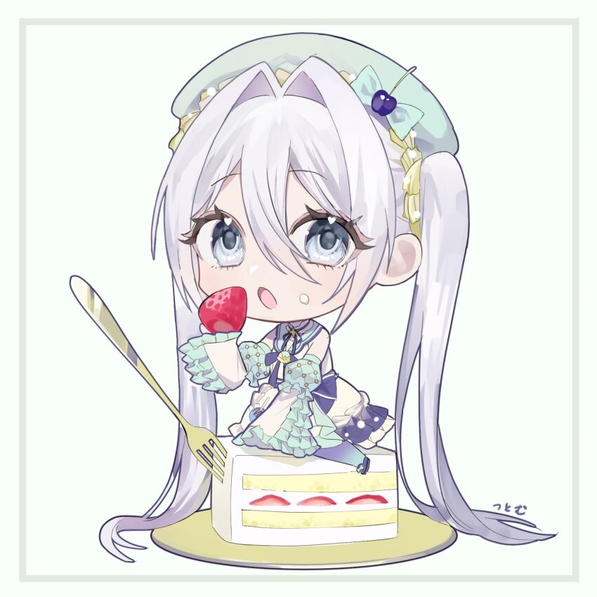 1girl, blue_eyes, cake, chibi, detached_sleeves, dress, food, fork, frilled_sleeves, frills, fruit, green_hat, grey_hair, hat, highres, hoshina_selene_(vtuber), indie_virtual_youtuber, long_hair, multicolored_dress, open_mouth, pointy_ears, simple_background, solo, strawberry, tsutomu3150, twintails, virtual_youtuber, white_dress