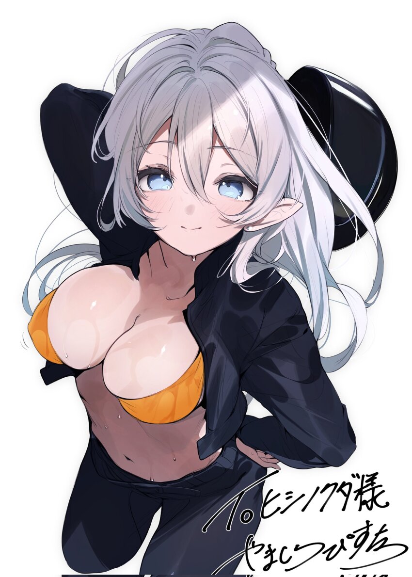 1girl, black_jacket, black_pants, blue_eyes, bra, breasts, cleavage, commission, cropped_jacket, grey_hair, highres, hoshina_selene_(vtuber), indie_virtual_youtuber, jacket, large_breasts, long_hair, looking_at_viewer, navel, open_clothes, open_jacket, orange_bra, pants, pisuta_(yamashiro), pointy_ears, second-party_source, simple_background, skeb_commission, solo, sweat, underwear, virtual_youtuber, white_background