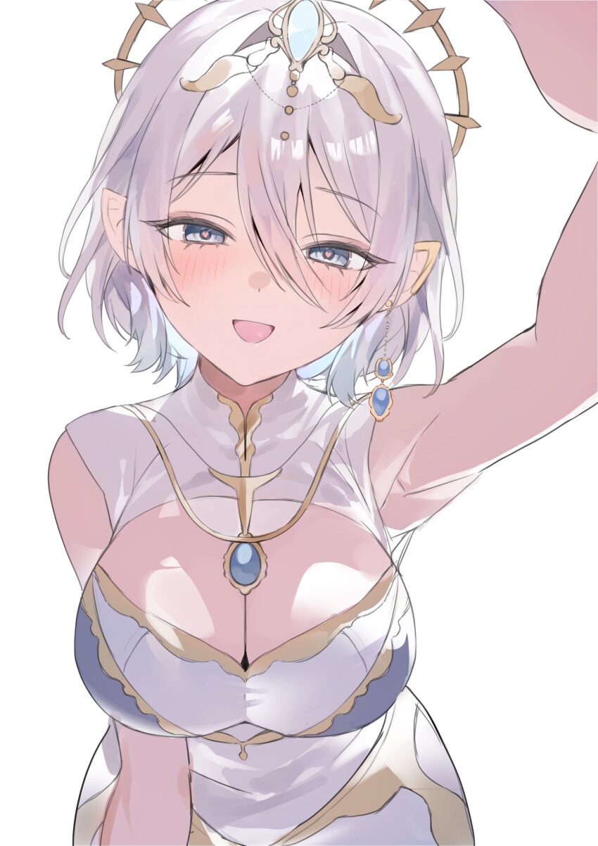 1girl, armpits, blue_eyes, breasts, brooch, cleavage, cleavage_cutout, clothing_cutout, dress, earrings, grey_hair, highres, hoshina_selene_(vtuber), indie_virtual_youtuber, jewelry, large_breasts, looking_at_viewer, open_mouth, pointy_ears, reaching, reaching_towards_viewer, short_hair, simple_background, single_earring, sleeveless, sleeveless_dress, solo, tsutomu3150, upper_body, virtual_youtuber, white_background, white_dress