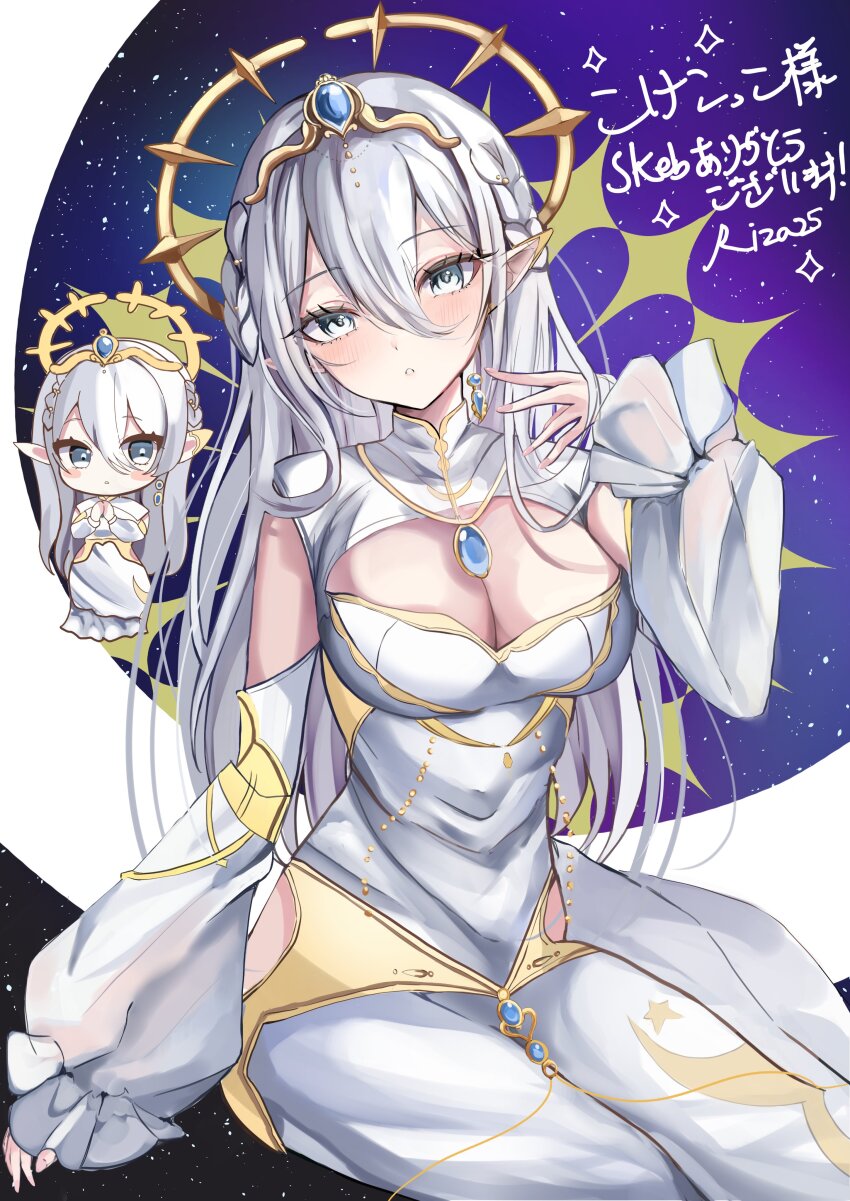 1girl, absurdres, blue_eyes, breasts, brooch, chibi, chibi_inset, cleavage