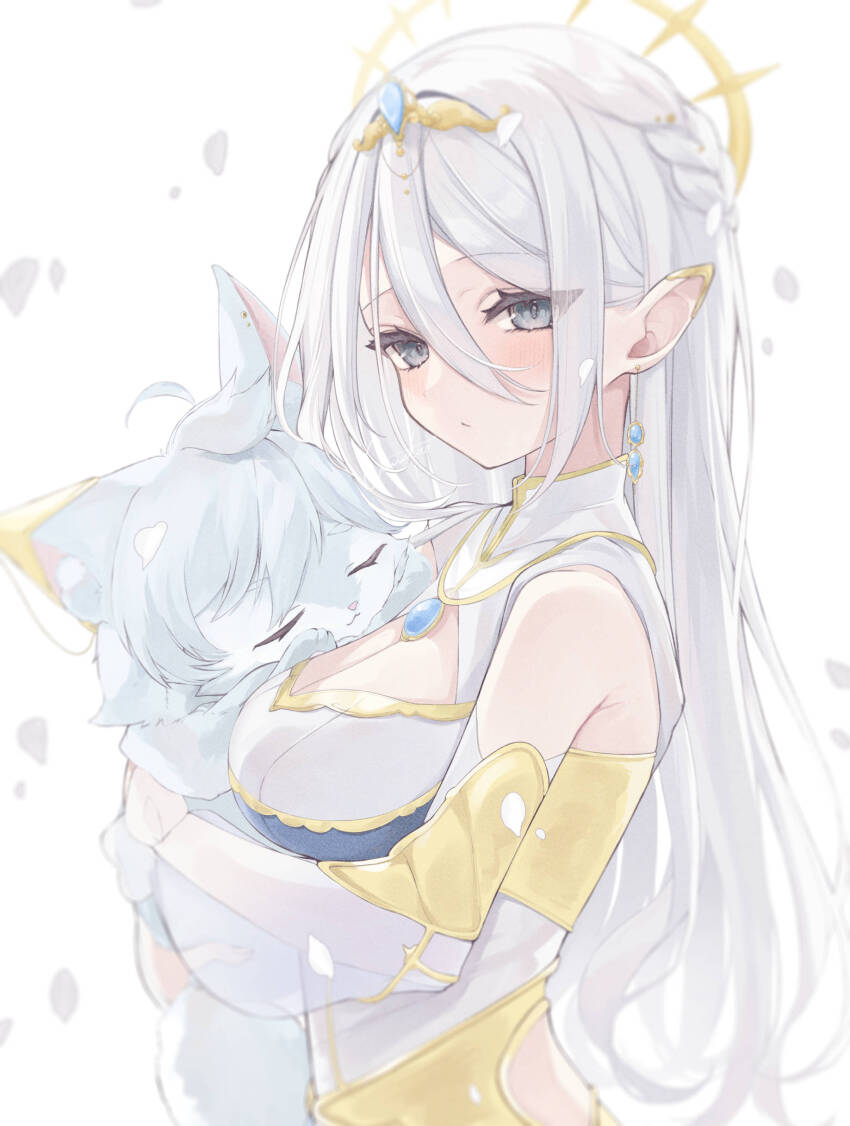 1girl, absurdres, animal, animal_hug, bare_shoulders, blue_eyes, breasts, brooch