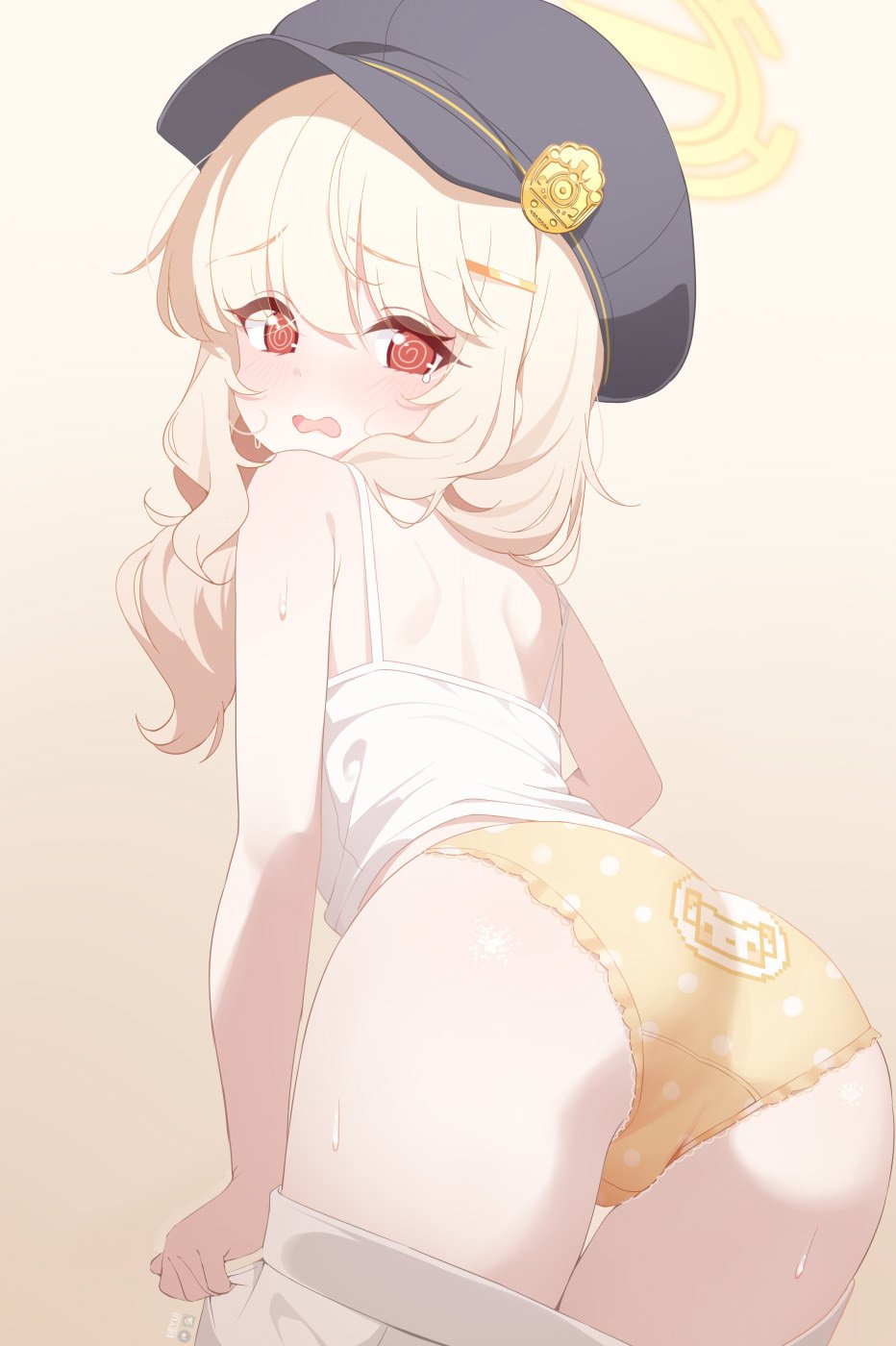 1girl, @_@, aoba_(blue_archive), artist_name, ass, back-print_panties, bare_shoulders, black_hat, blonde_hair, blue_archive, cameltoe, camisole, cowboy_shot, crotch_seam, crying, crying_with_eyes_open, deyui, embarrassed, from_behind, from_below, gradient_background, hair_ornament, hairpin, halo, hat, highlander_railway_academy_logo, highres, light_blush, looking_at_viewer, medium_hair, panties, polka_dot, polka_dot_panties, print_panties, red_eyes, removing_pants, shy, signature, simple_background, skirt, sleeveless, solo, standing, sweatdrop, tears, thighs, underwear, wavy_mouth, white_camisole, yellow_halo, yellow_panties