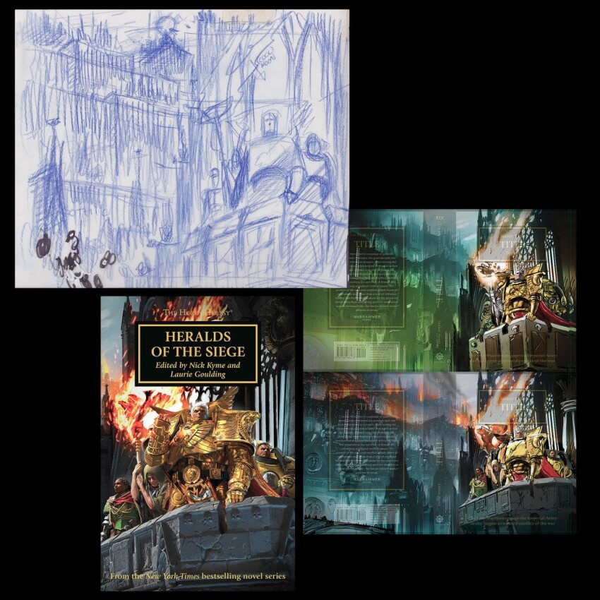 1girl, 3boys, adeptus_astartes, architecture, armor, artofneilroberts, closed_mouth, commentary