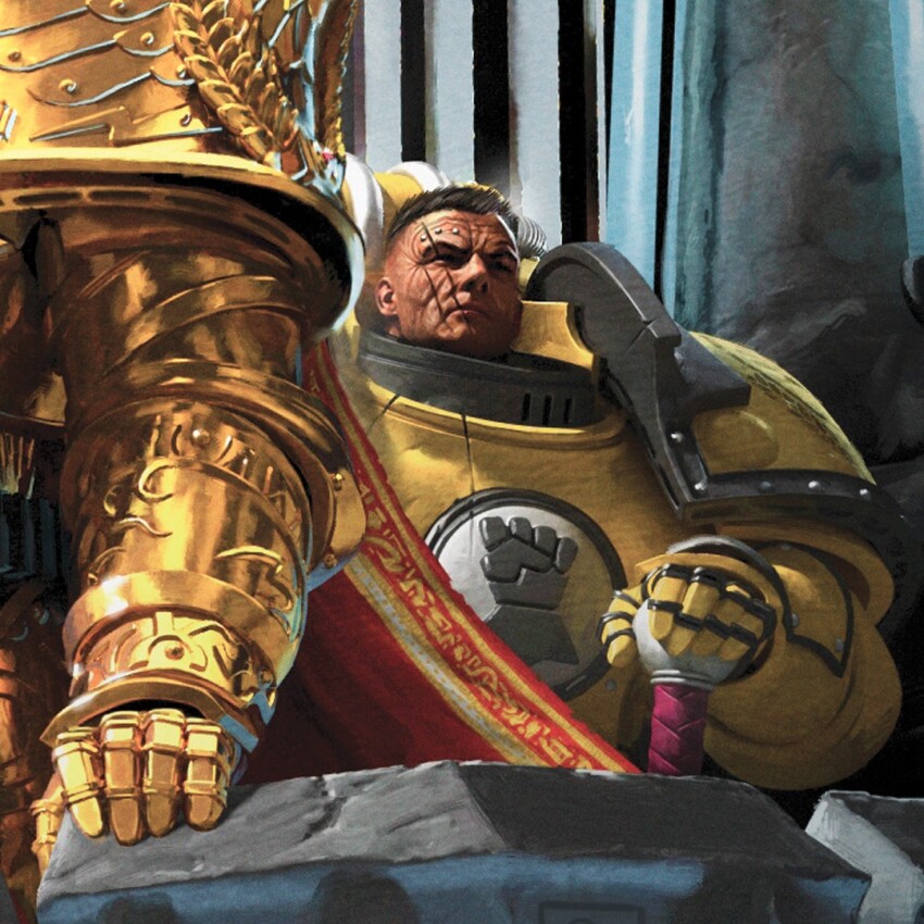 2boys, adeptus_astartes, architecture, armor, artofneilroberts, closed_mouth, commentary, english_commentary, gold_armor, imperial_fists, making-of_available, multiple_boys, official_art, out_of_frame, outdoors, power_armor, primarch, rogal_dorn, standing, warhammer_40k