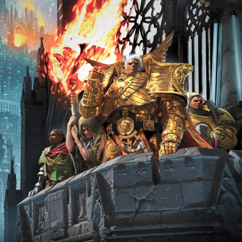 1girl, 3boys, adeptus_astartes, architecture, armor, artofneilroberts, breastplate, cape
