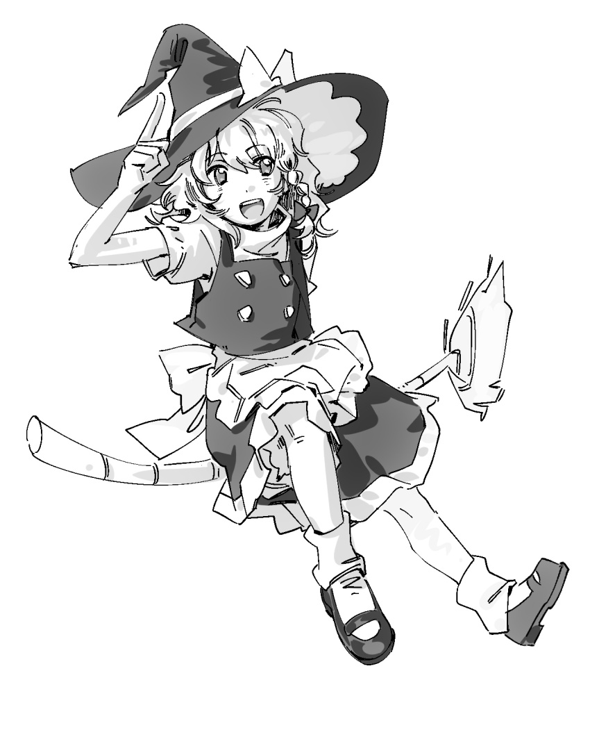 1girl, apron, bow, braid, braided_sidelock, broom, broom_riding, buttons