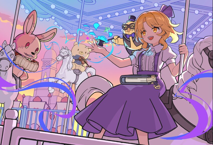 1girl, alice_margatroid, alice_margatroid_(pc-98), amusement_park, bird, blonde_hair, blue_hairband, blush, book, carousel, castle, comic_lo, devilkillerx, flower, grimoire, grimoire_of_alice, hair_bobbles, hair_ornament, hairband, hat, highres, holding, holding_book, horse, horseback_riding, magic, open_mouth, owl, puffy_short_sleeves, puffy_sleeves, riding, short_sleeves, skirt, smile, stuffed_toy, suspender_skirt, suspenders, teeth, touhou, touhou_lost_branch_of_legend, upper_teeth_only