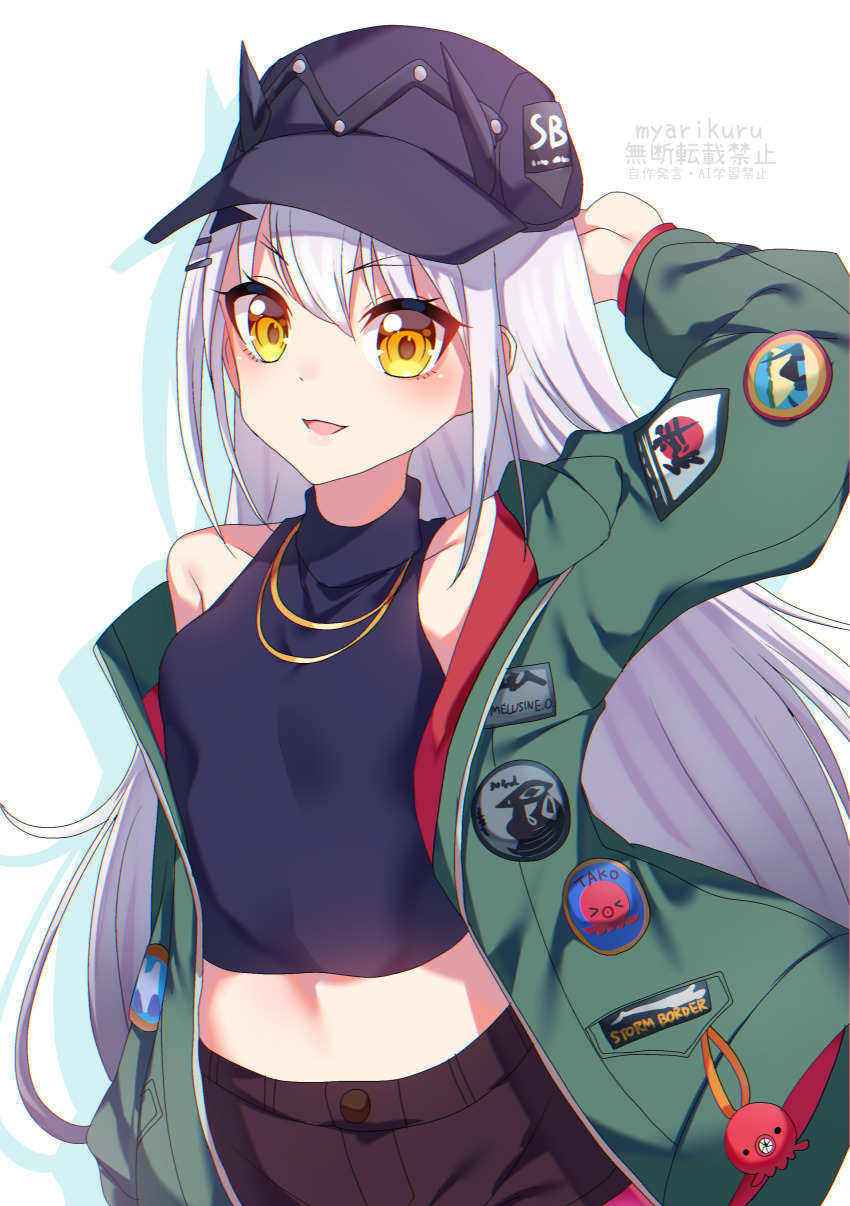 1girl, absurdres, baseball_cap, black_hat, black_shirt, black_shorts, blush, breasts