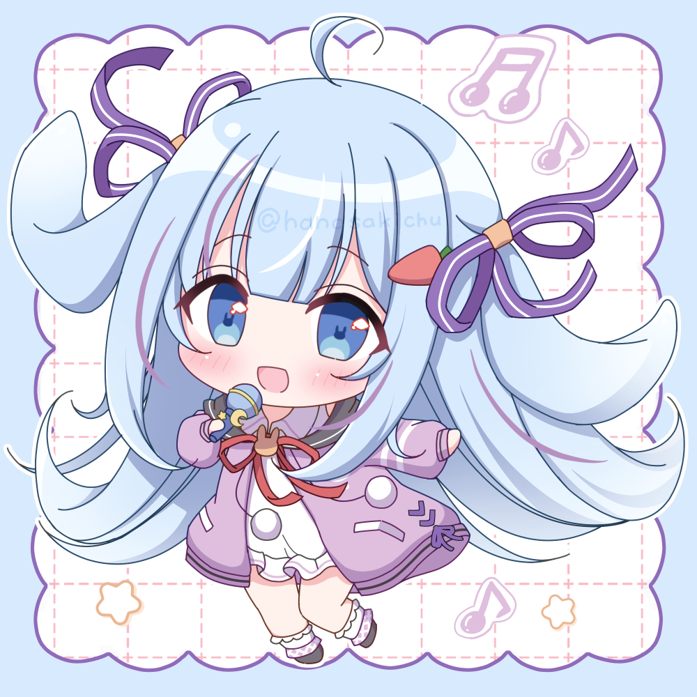 1girl, :d, black_shoes, blue_border, blue_eyes, blue_hair, blunt_bangs, blush