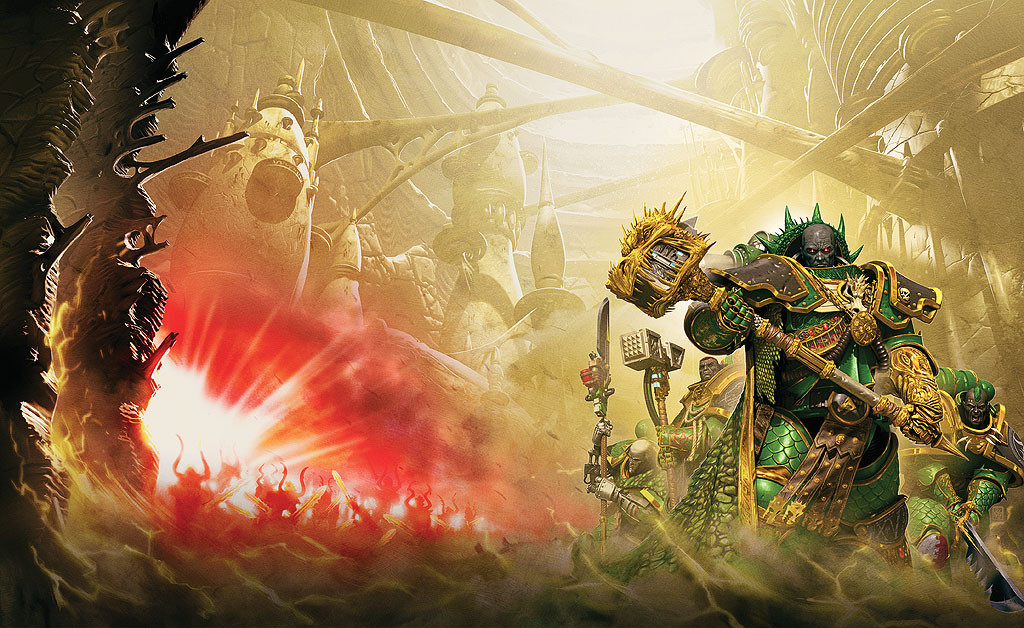 4boys, adeptus_astartes, armor, artofneilroberts, bald, breastplate, chaos_(warhammer), closed_mouth, commentary, dark-skinned_male, dark_skin, dawnbringer_(warhammer), demon, english_commentary, gauntlets, green_armor, green_hair, hammer, holding, holding_hammer, holding_sword, holding_weapon, looking_at_viewer, male_focus, multiple_boys, official_art, outdoors, pauldrons, pelvic_curtain, power_armor, primarch, red_eyes, red_hair, rerebrace, salamanders_(warhammer), scale_armor, short_hair, shoulder_armor, solo_focus, standing, sword, the_draken_scale, vulkan, warhammer_40k, weapon