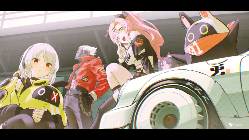 1boy, 3girls, absurdres, anby_demara, animal_ears, bangboo_(zenless_zone_zero), billy_kid, black_gloves