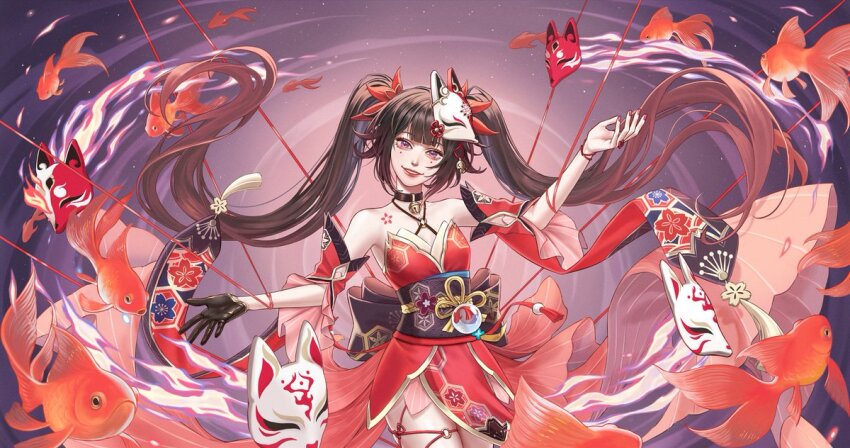 1girl, alientomoe, bare_shoulders, bell, black_choker, black_gloves, brown_hair, choker